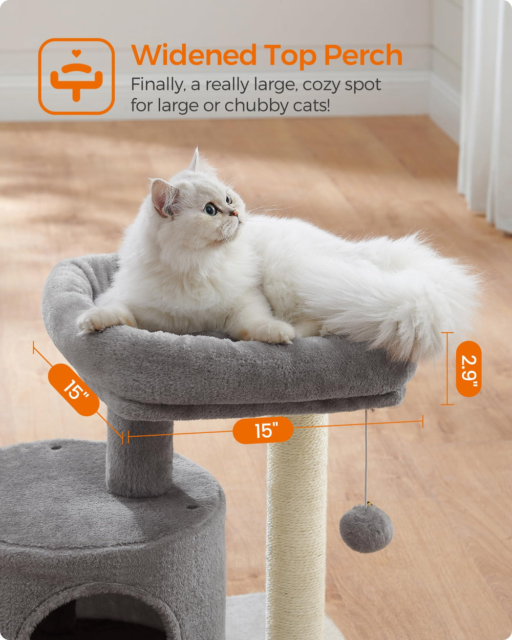 Feandrea cat tree showing simple assembly with labeled parts.