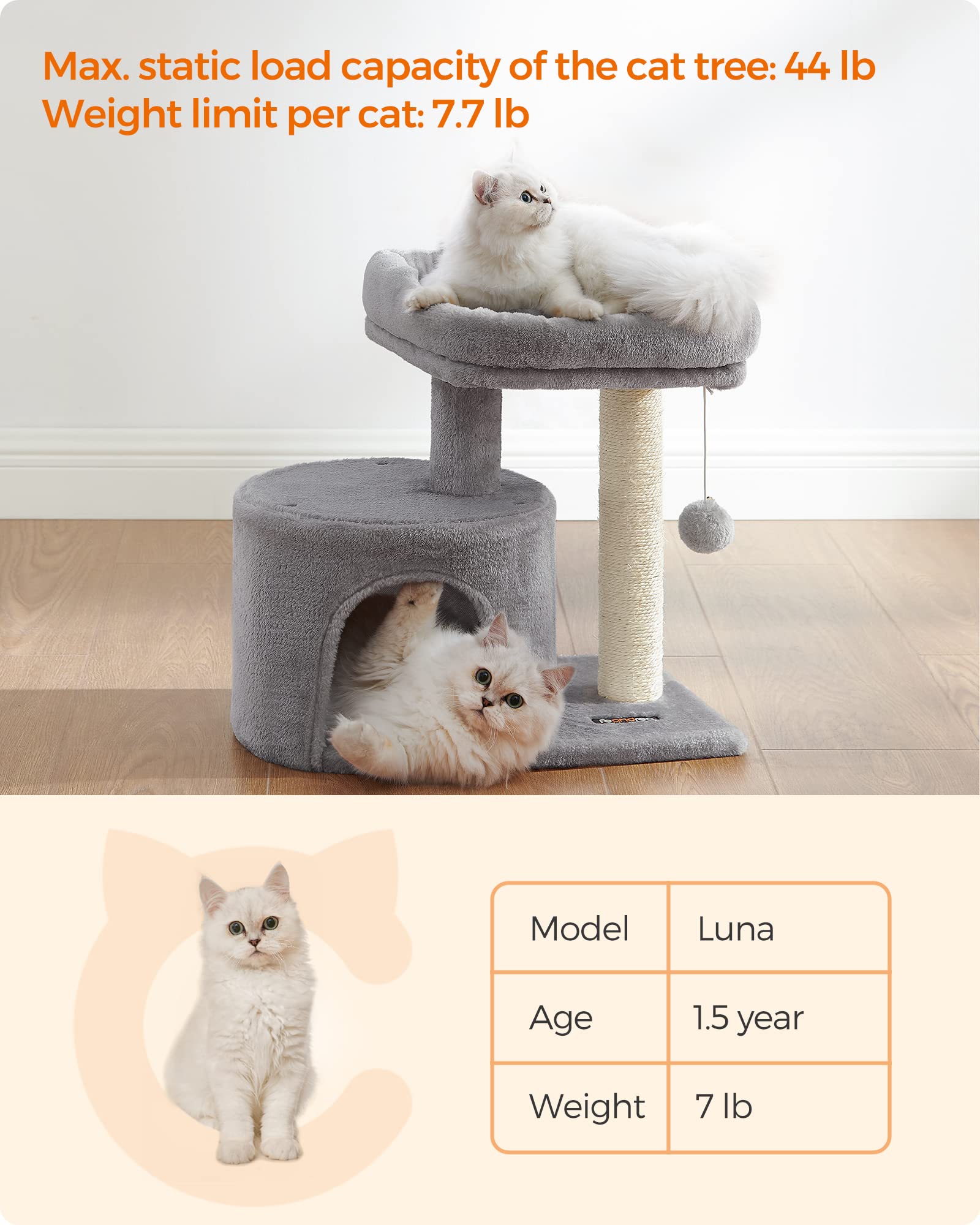 Feandrea cat tree features reinforced base for stable play.