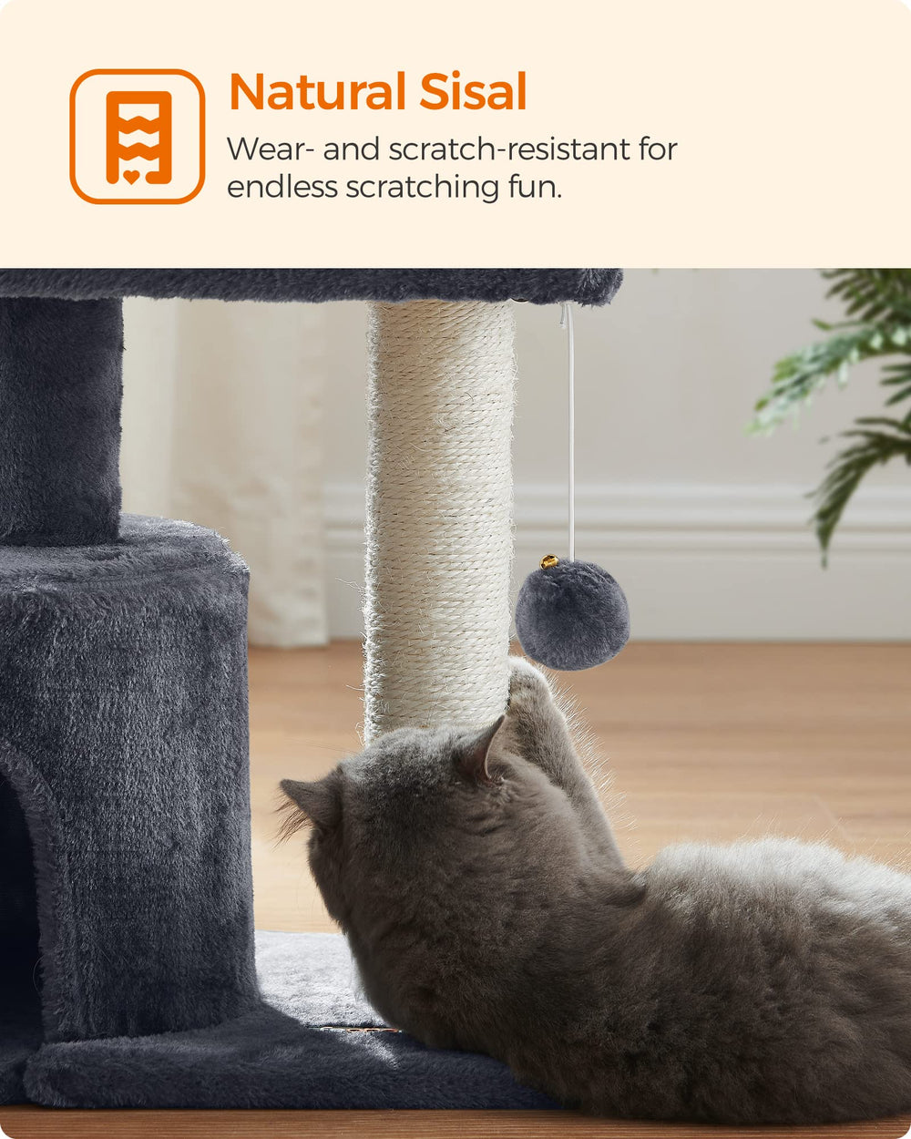 Feandrea cat tree tower easy assembly with labeled parts.
