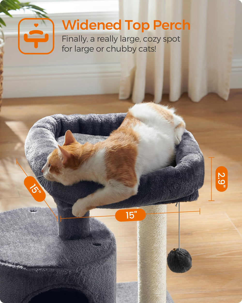 Feandrea cat tree tower stable base enhances safety during active climbing.