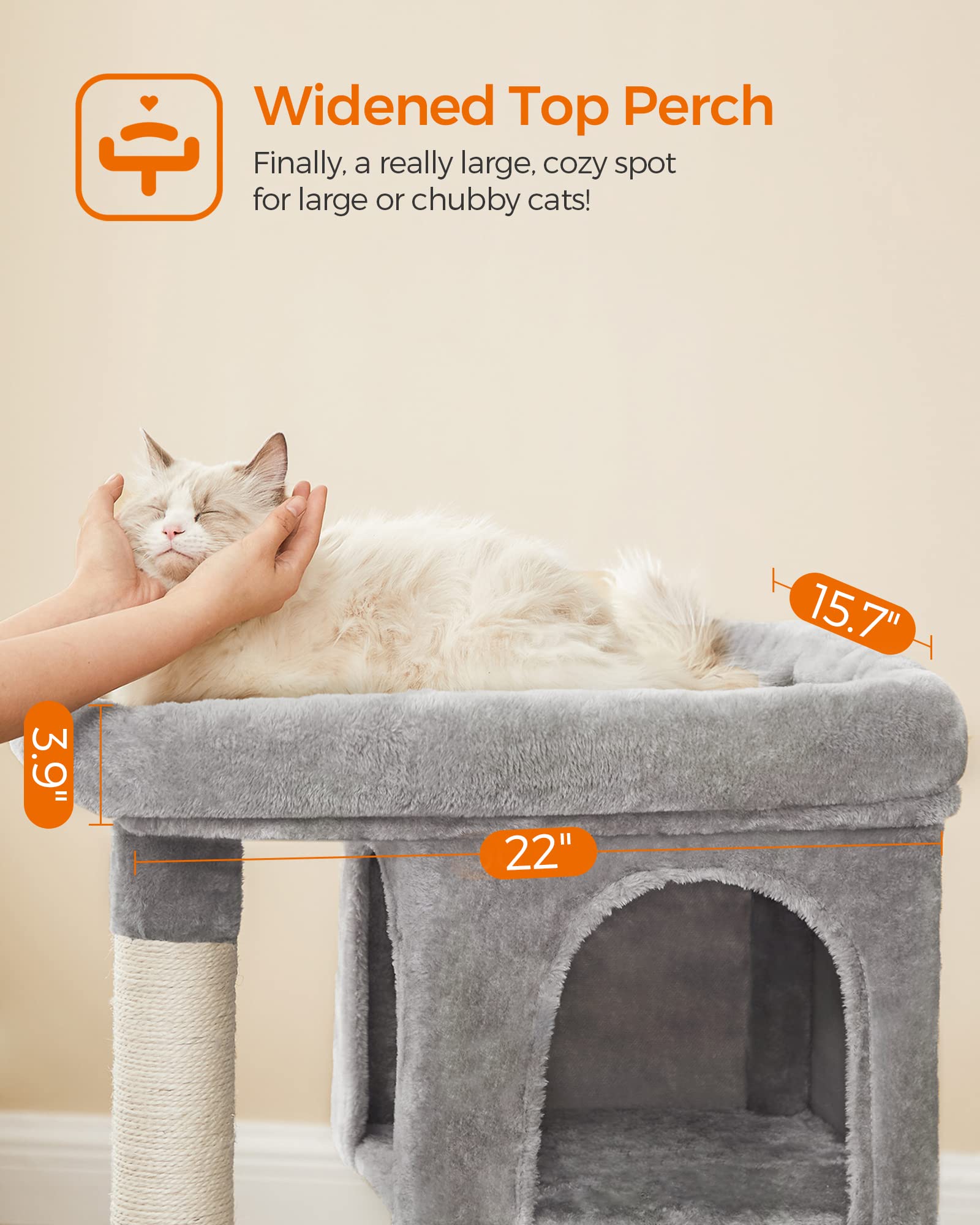 Feandrea cat-tree upper cave view showcases wide access and cozy escape.