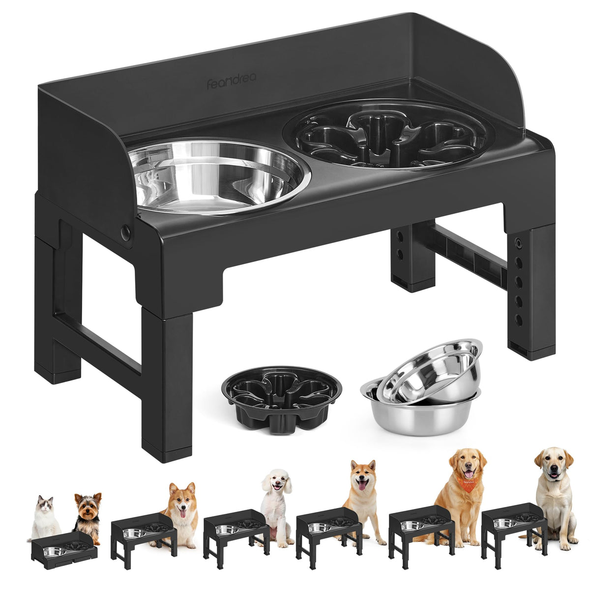 Feandrea elevated stand with tilted bowls promotes comfortable eating posture.