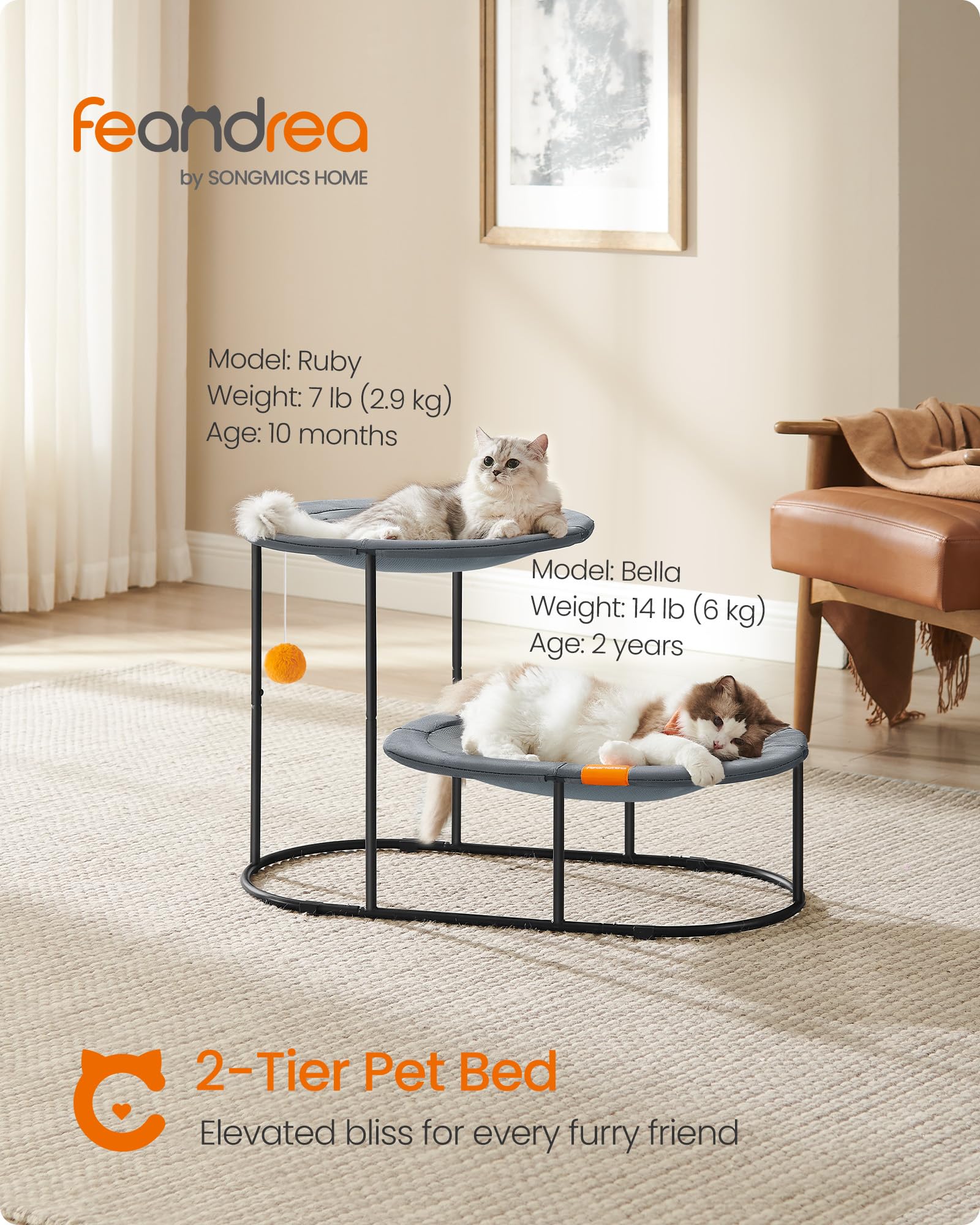 Feandrea two-tier elevated cat hammock bed bottom bed supports comfortable naps in multi-cat homes