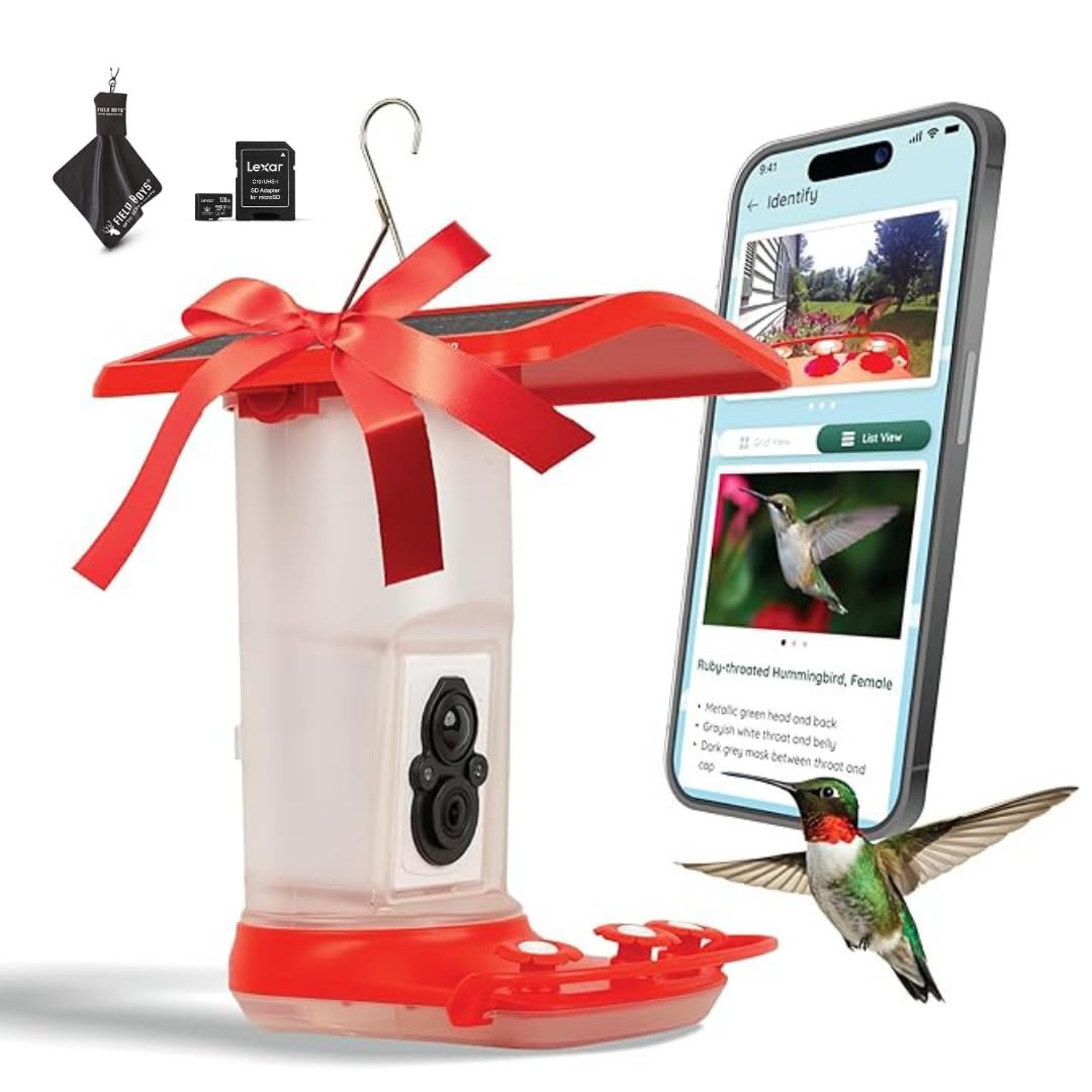 FeatherSnap Smart Hummingbird Feeder close-up camera view for real-time observation.