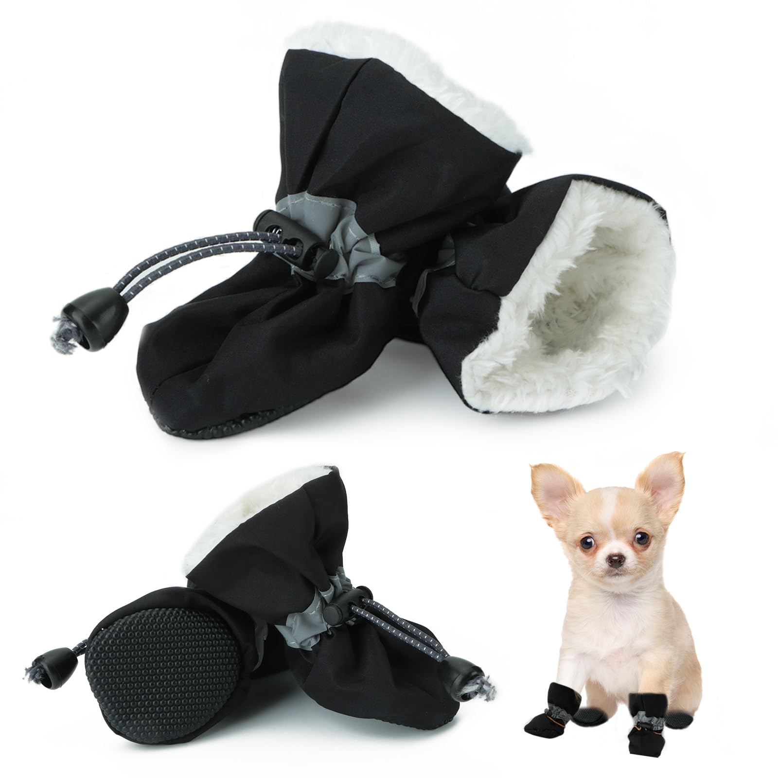 Fecialy dog shoes front view shows warm winter design and secure fit