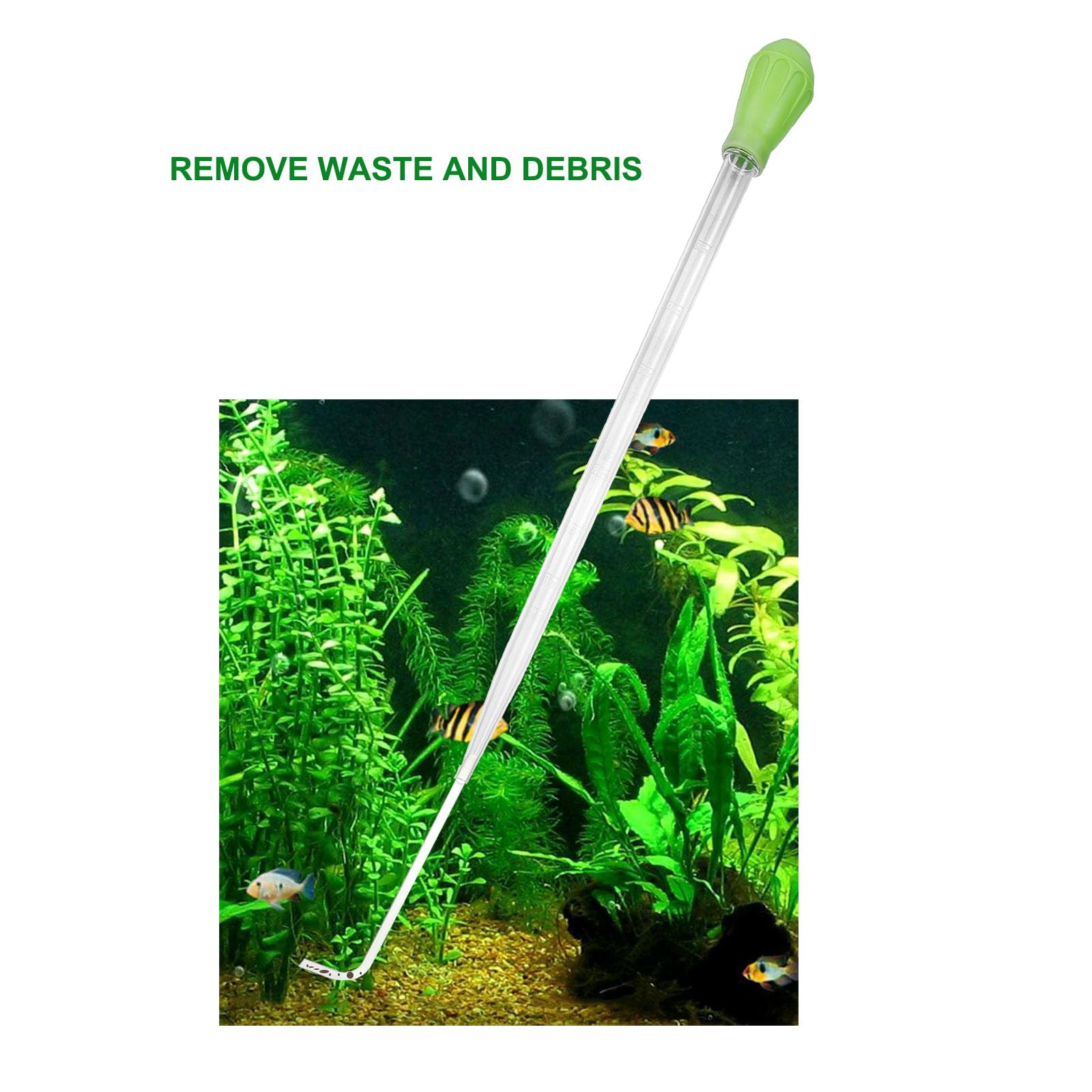 Fecsam 17.7-inch aquarium cleaner in use, reaching tight corners without disturbance.