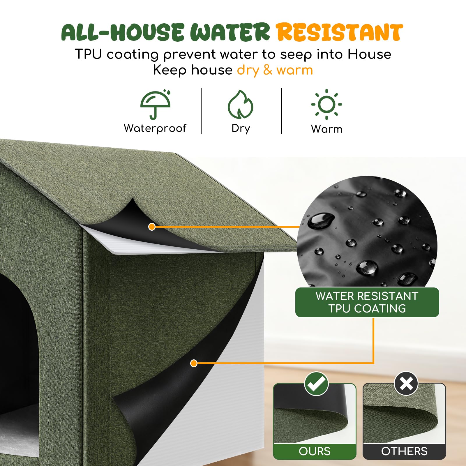 Fecuria outdoor cat house with door curtain blocks drafts during entry.