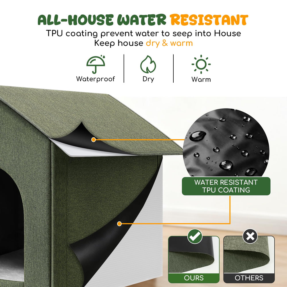 Fecuria outdoor cat house with door curtain blocks drafts during entry.