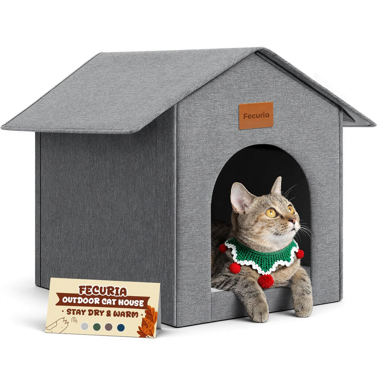 Fecuria Outdoor Cat House exterior view highlights durable shelter for year-round use.