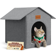 Fecuria Outdoor Cat House exterior view highlights durable shelter for year-round use.