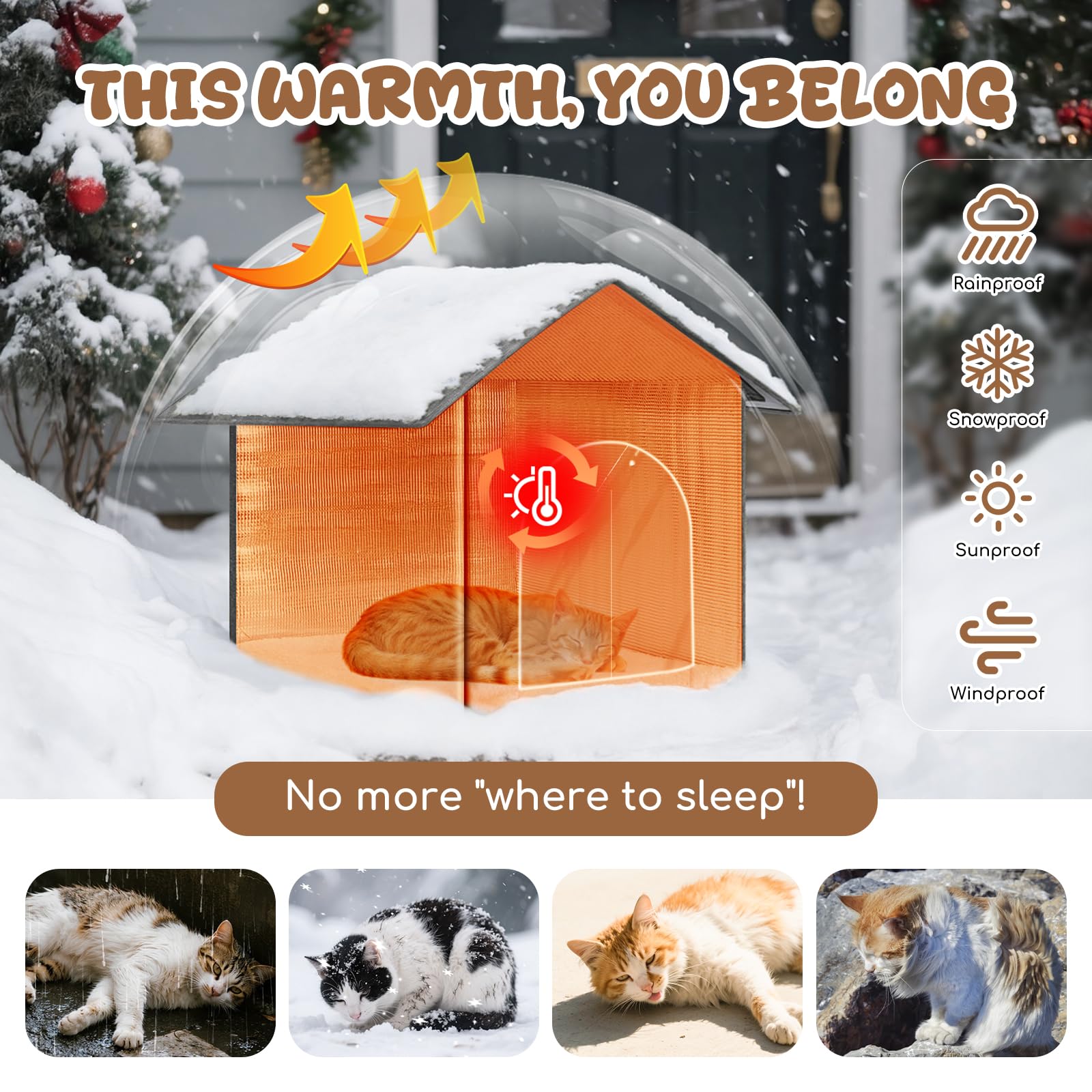 Fecuria cat house placed under eaves illustrates sheltered feral cat shelter.