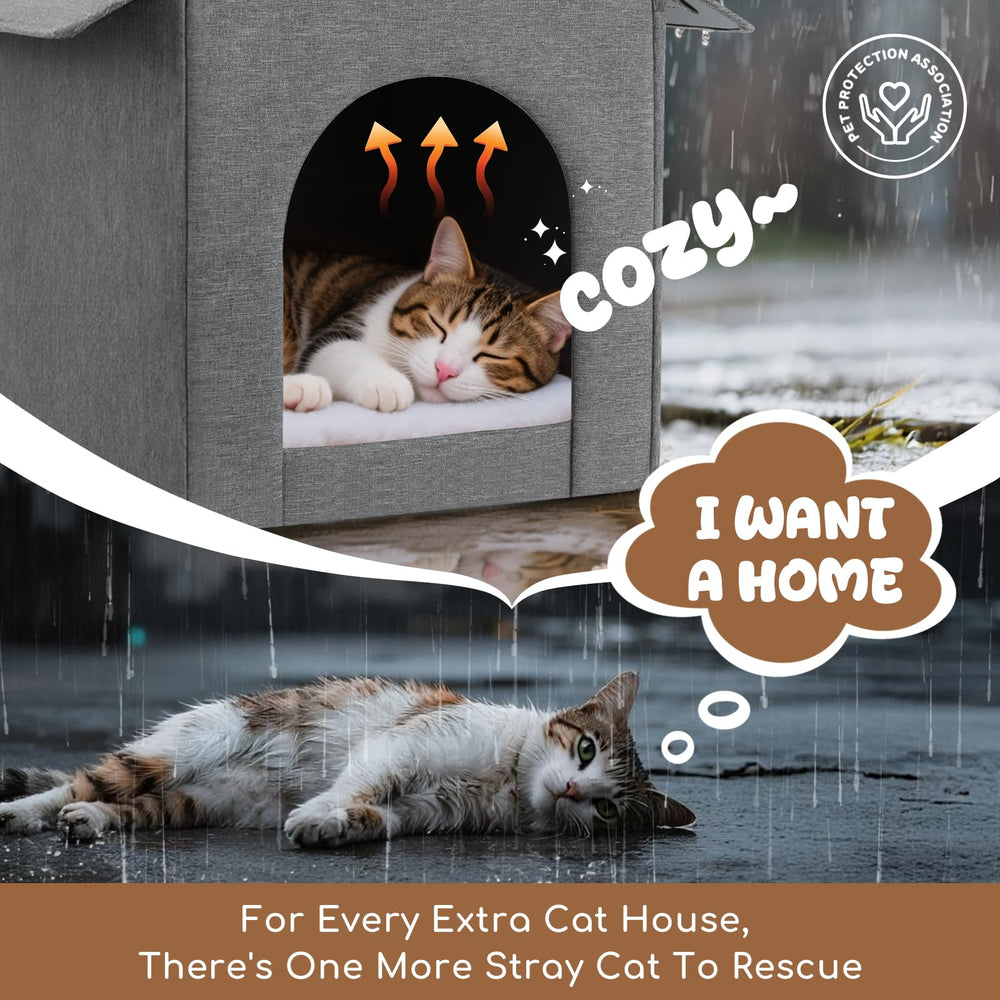 Fecuria Outdoor Cat House under-eaves placement protects feral cats from rain.