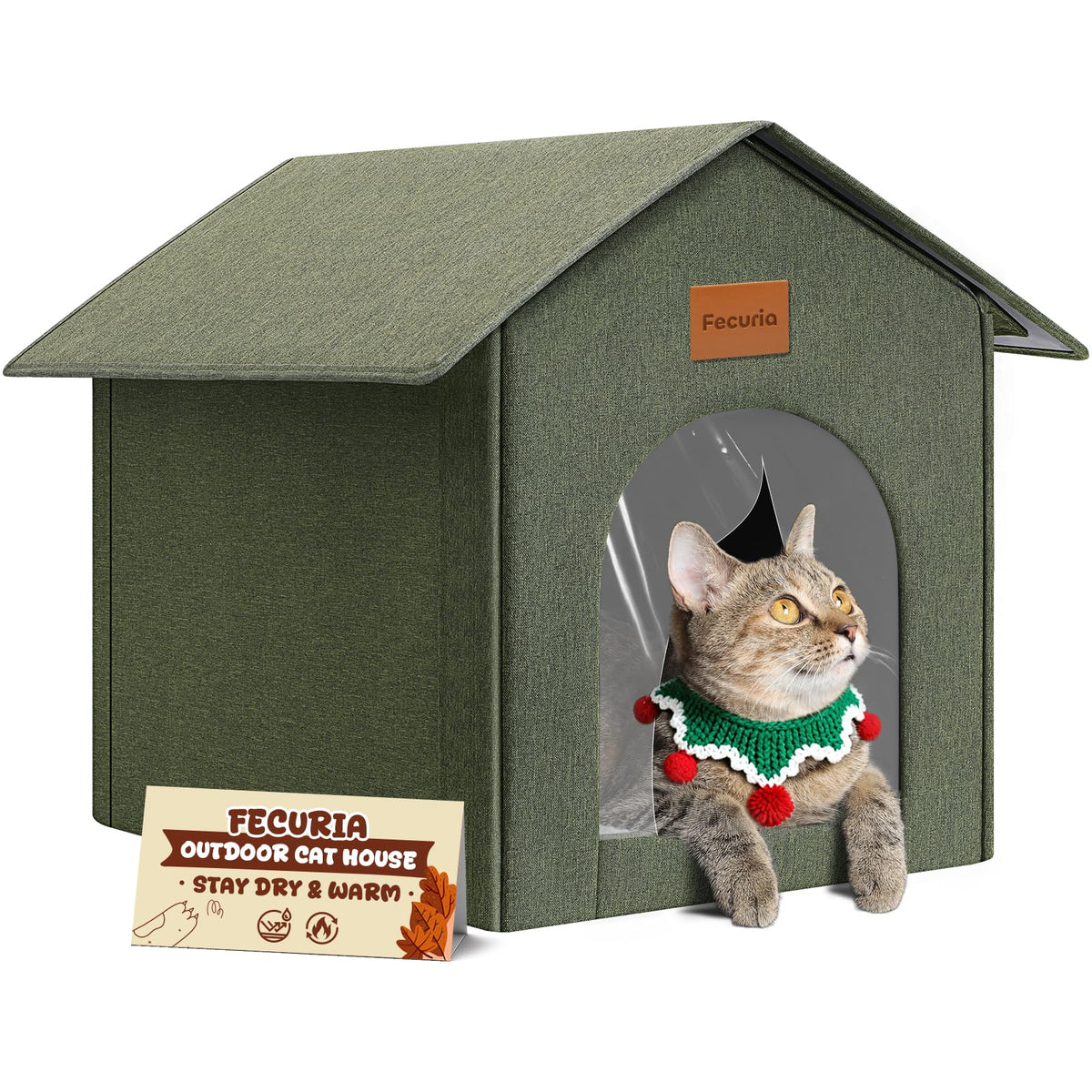 Fecuria outdoor cat house weatherproof oxford fabric protects against rain and wind.