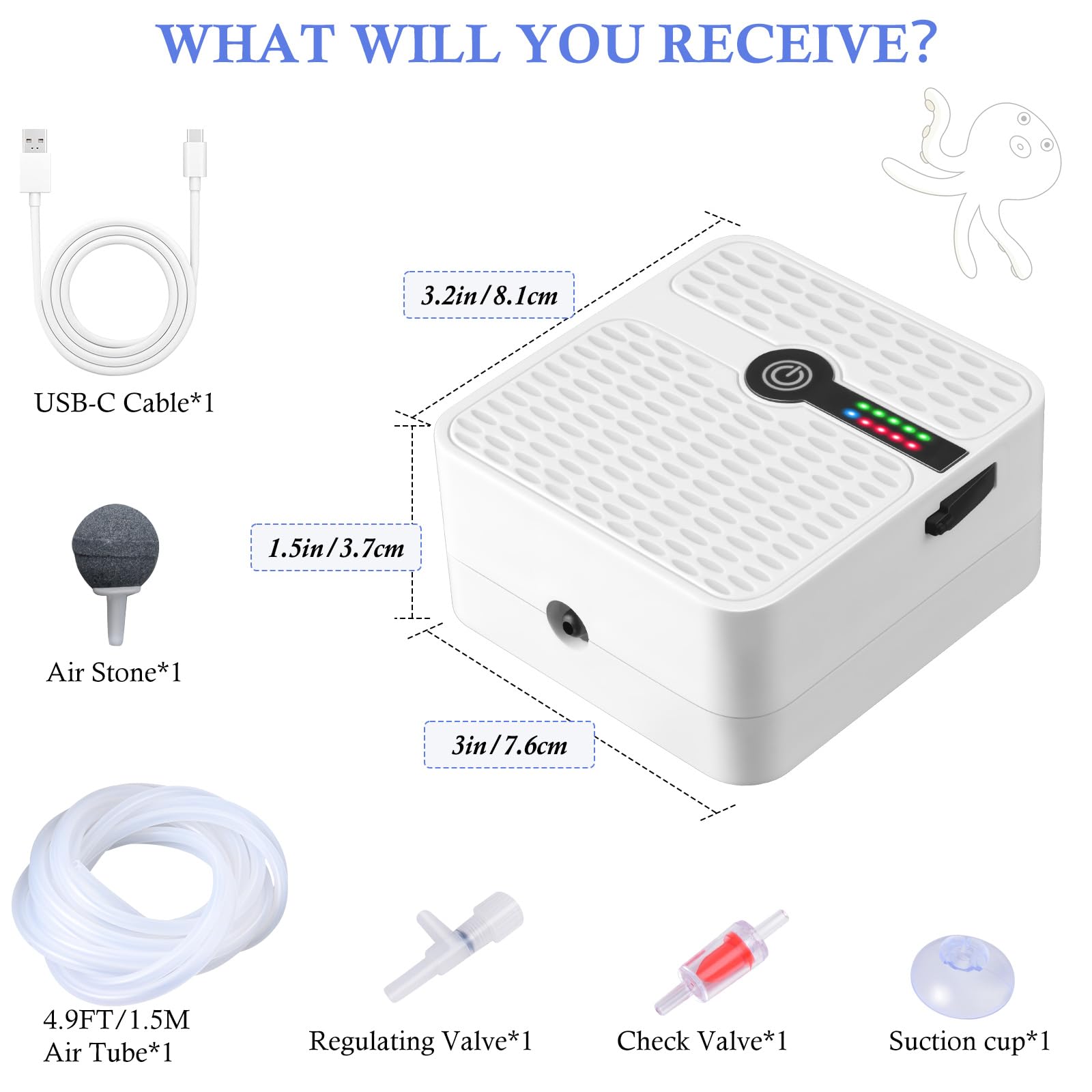 FEDOUR accessories-included aquarium air pump includes tubing, stone, valve, and USB cable