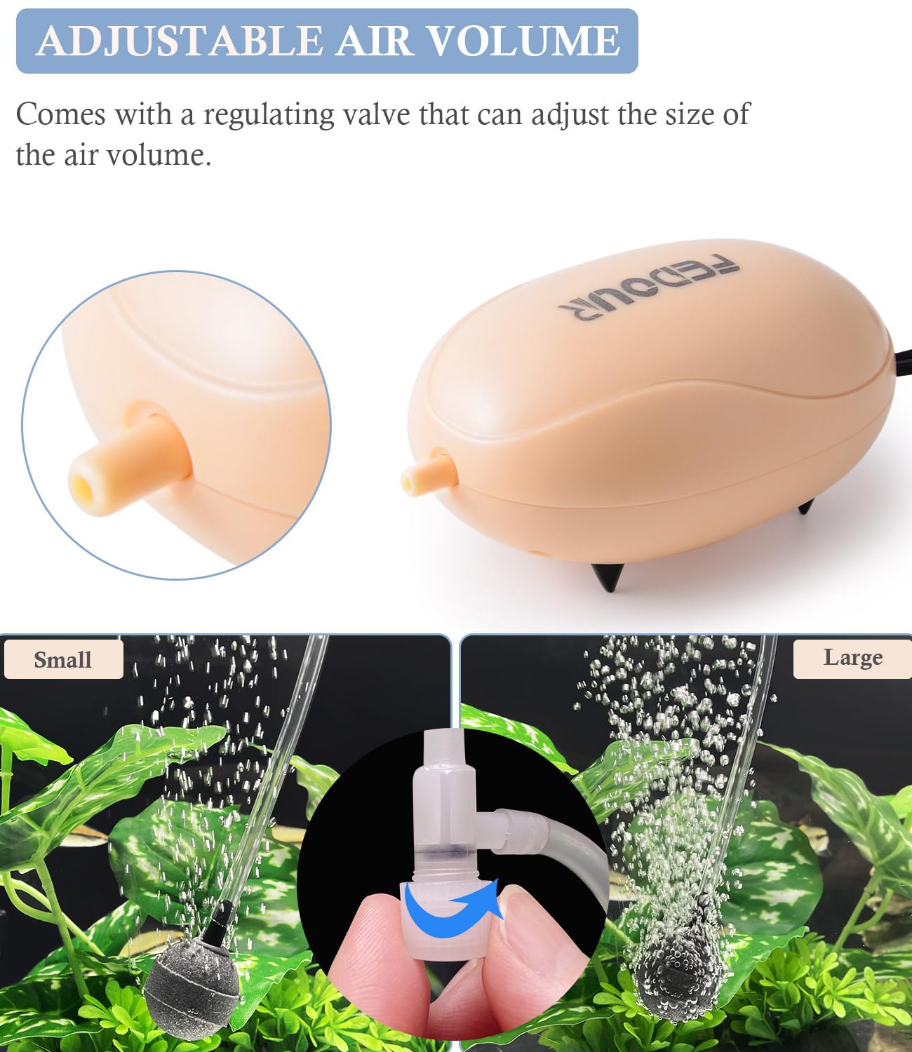 FEDOUR mini aquarium air pump quiet-legs close-up emphasizes vibration-damping feet for near-silent operation.