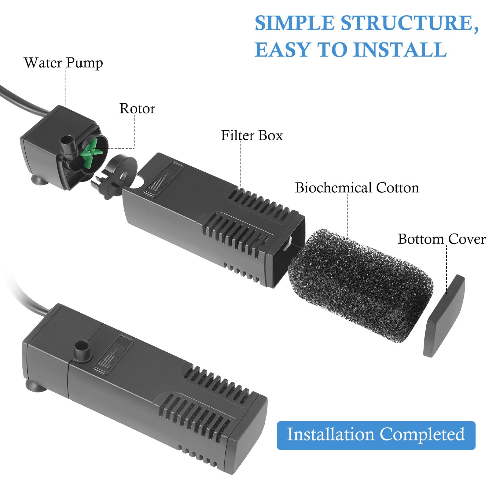 FEDOUR strong suction cups secure the filter in any tank.
