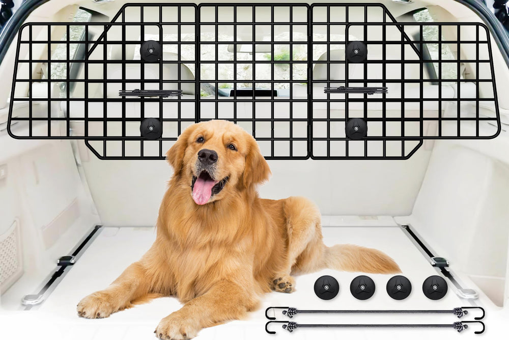 FEED GARDEN dog barrier assembly view shows universal fit setup for SUVs