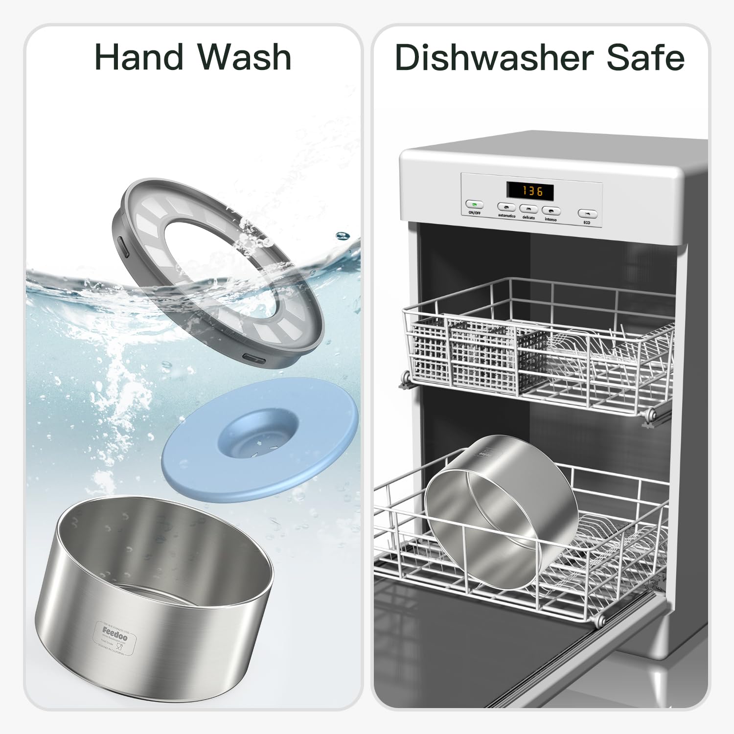 Feedoo easy-clean bowl is dishwasher-safe for quick maintenance.