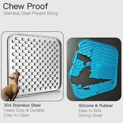 Feedoo lick mat demonstrates chew-proof, stainless steel construction