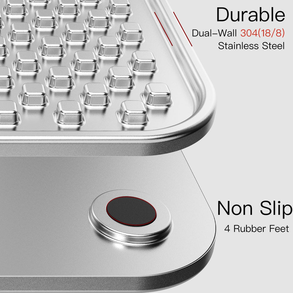 Close-up of Feedoo double-wall stainless steel lick mat showing durability