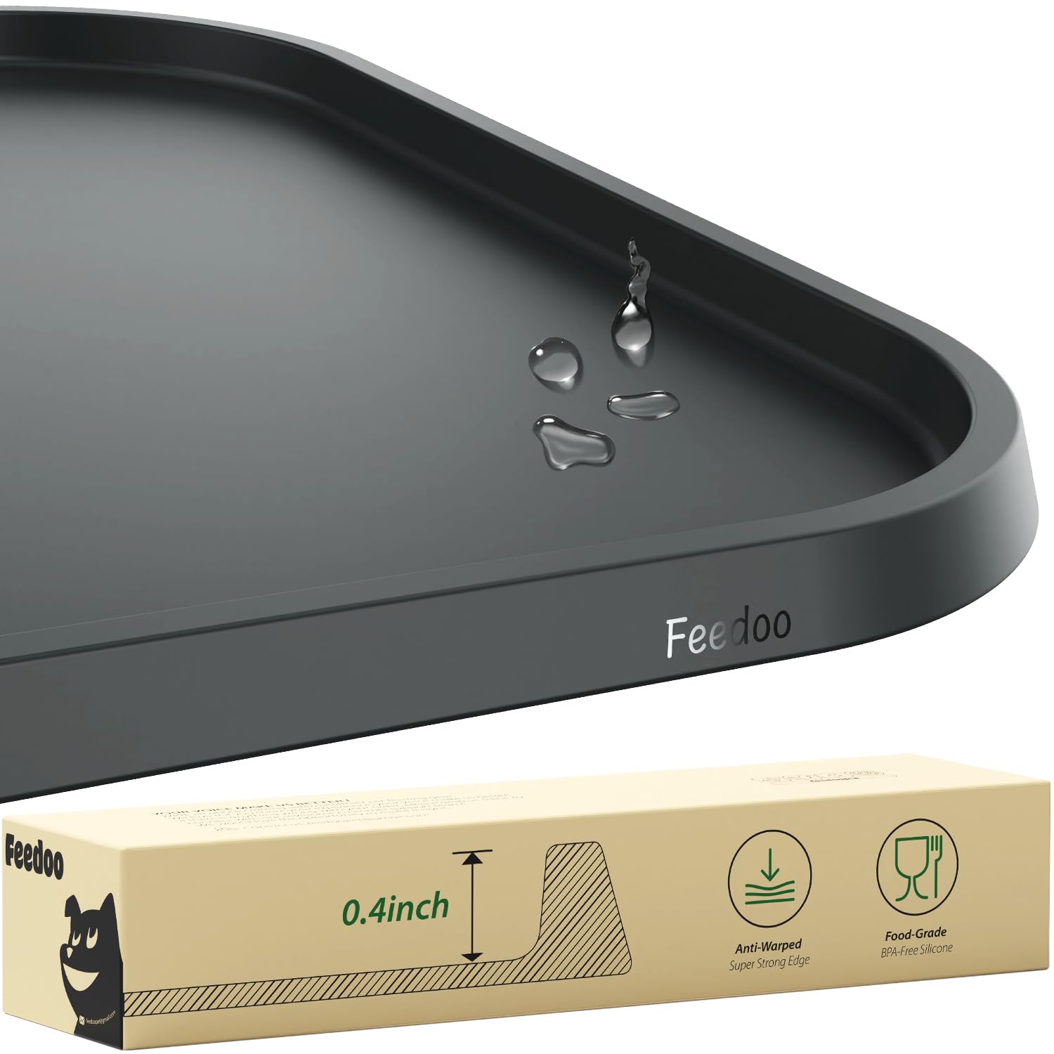 Feedoo Pet Feeding Mat warped-edge closeup showing edge stability helps contain spills.