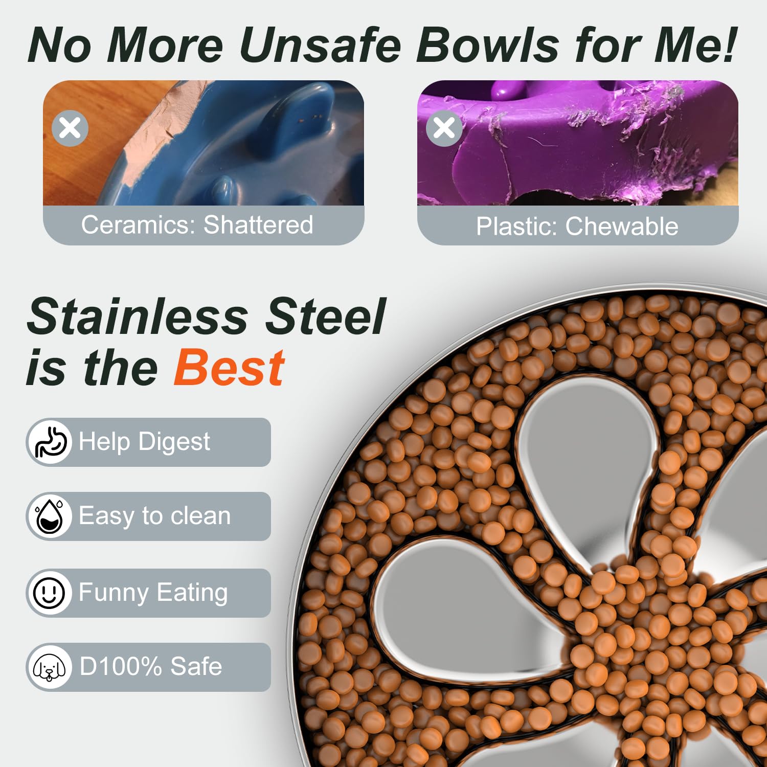 Feedoo 304 stainless steel slow feeder bowl durable and easy to clean