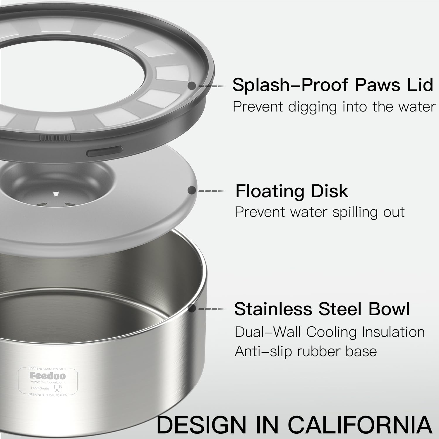 Feedoo splash-proof paws lid demonstrates spill-reduction during playful drinking.