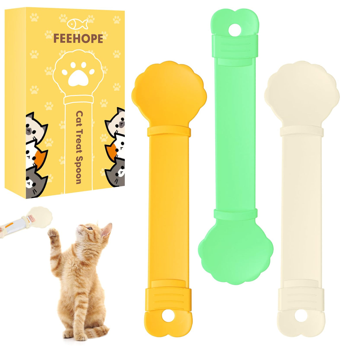 feehope 3pc cat treat spoon pack in beige, green, and orange for mess-free feeding.