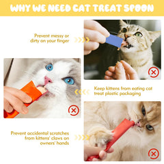 feehope cat treat feeder spoon dispenses wet food to a curious cat.