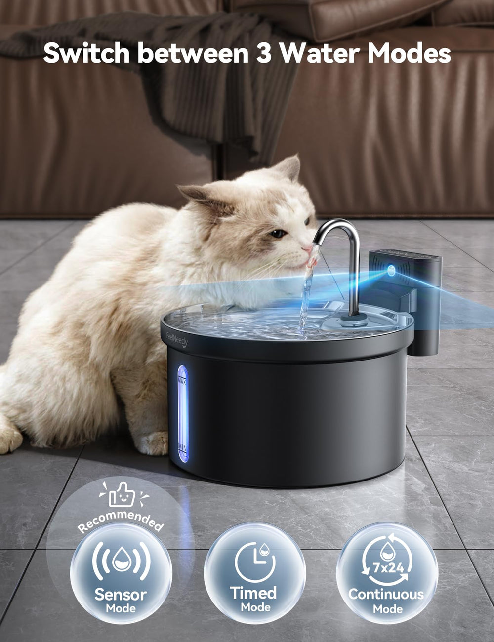 FEELNEEDY stainless steel water tray close-up communicates durable, easy-to-clean design.