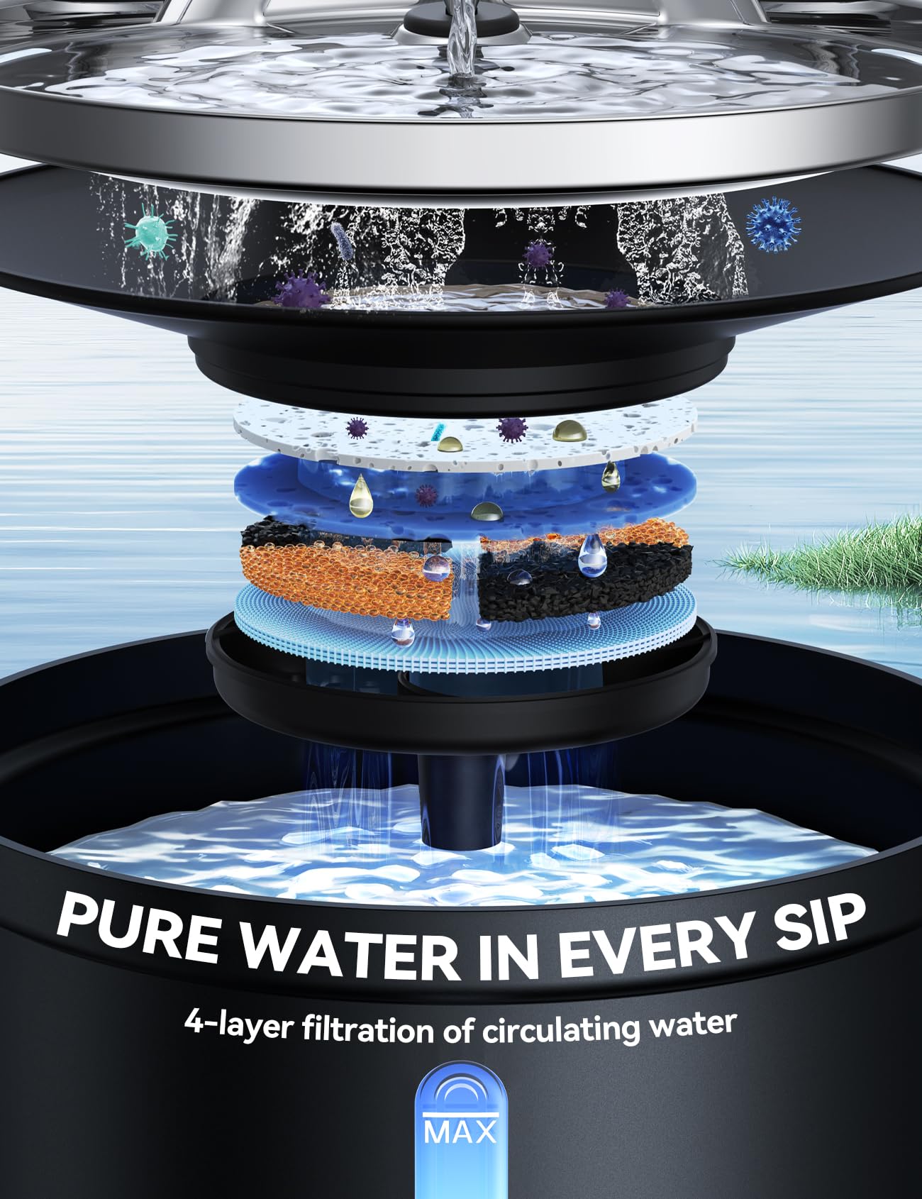 FEELNEEDY vertical filtration system imagery highlights multiple-layer purification.