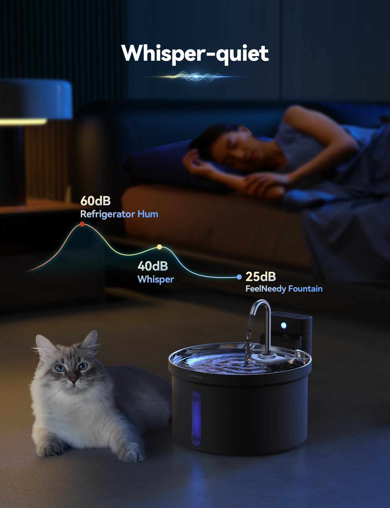 FEELNEEDY wireless fountain on living room shelf demonstrates flexible placement.