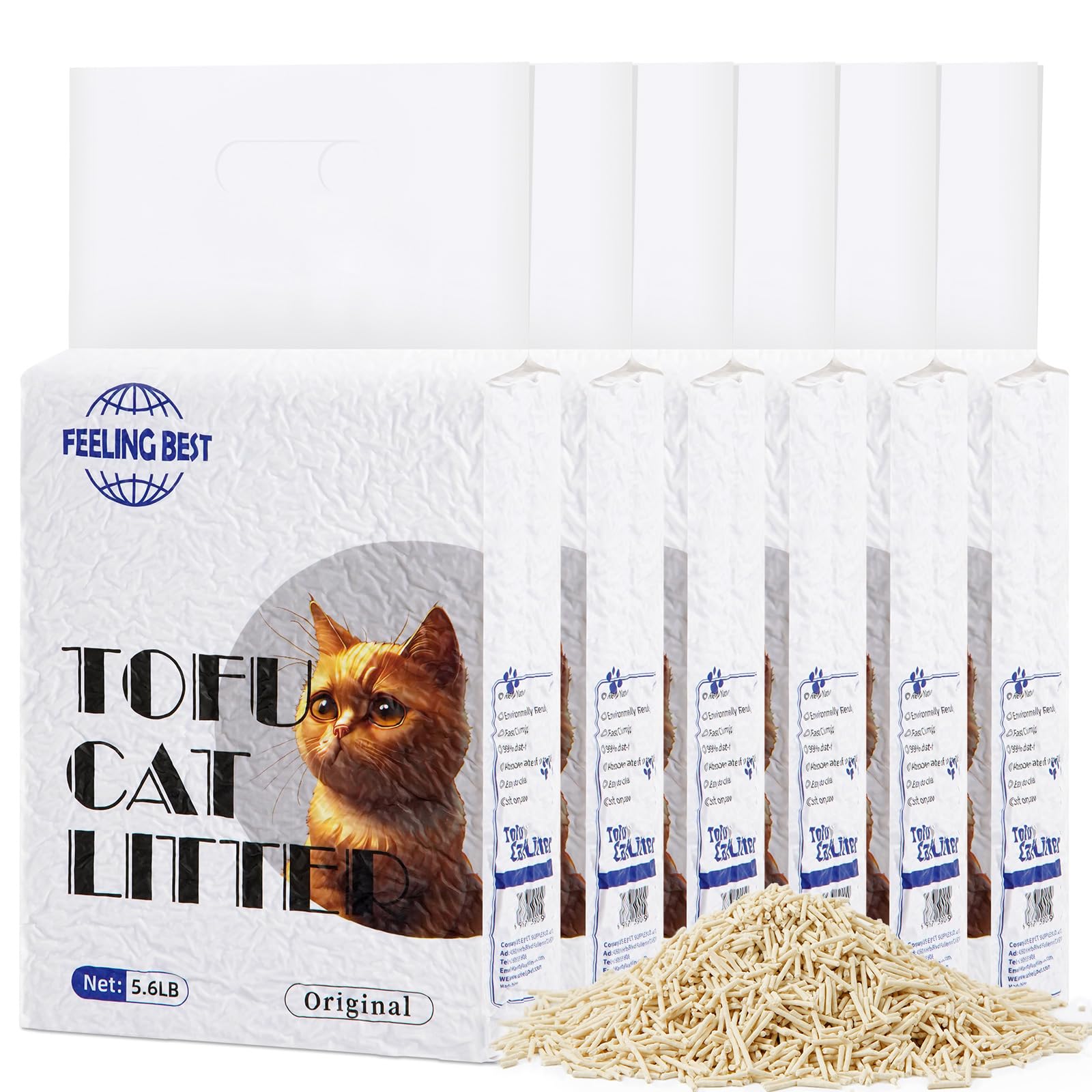 FEELING BEST tofu cat litter packaging shows lightweight bags for easy handling.