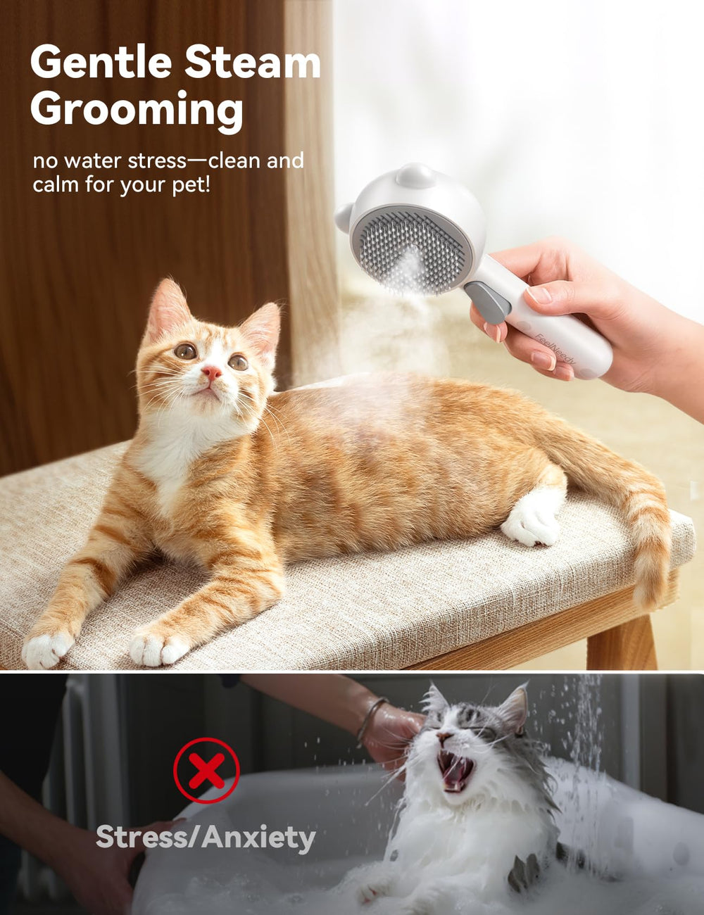 FEELNEEDY Cat Steam Brush one-touch clean button for quick fur removal.