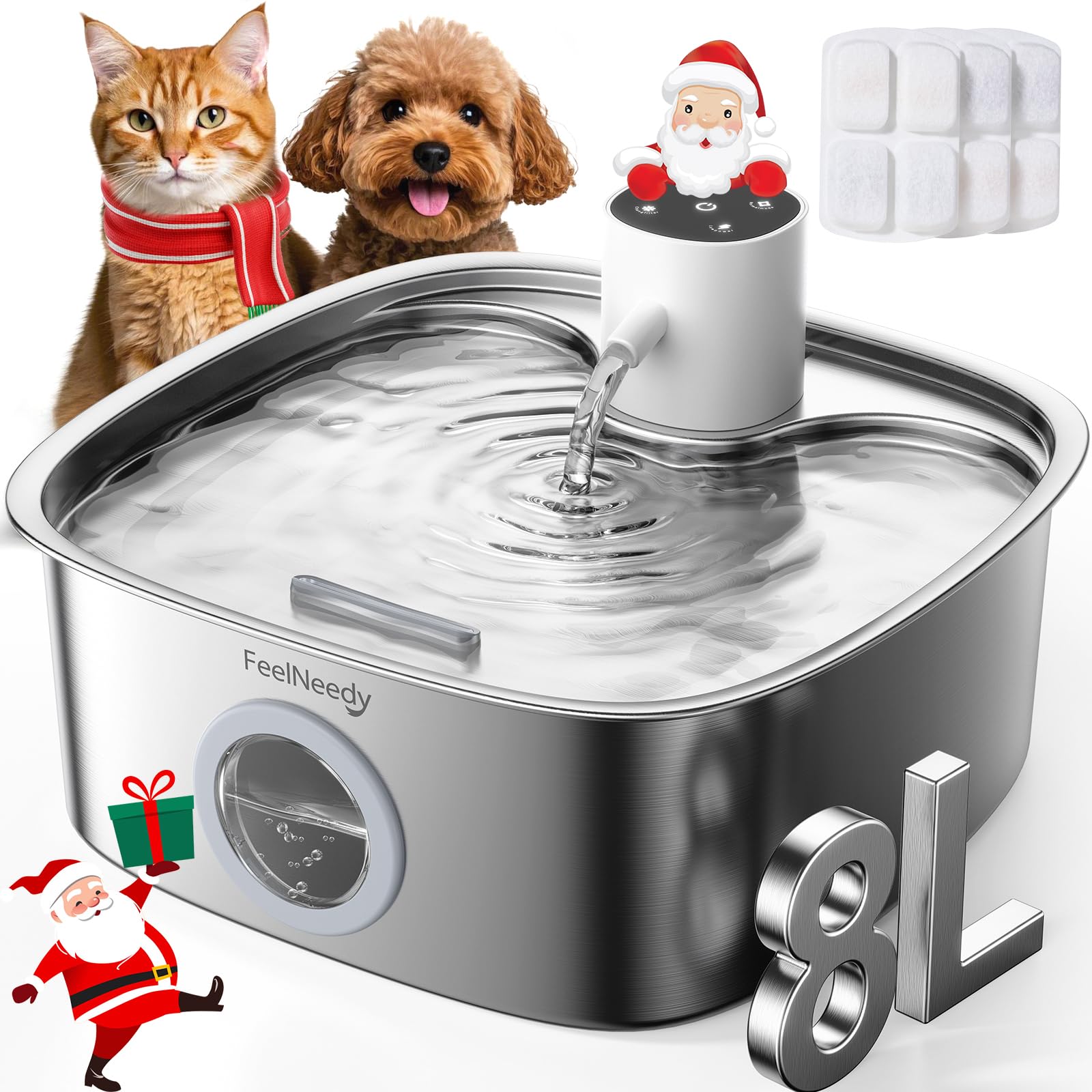 FEELNEEDY cordless fountain front view with 8L tank for multi-pet homes