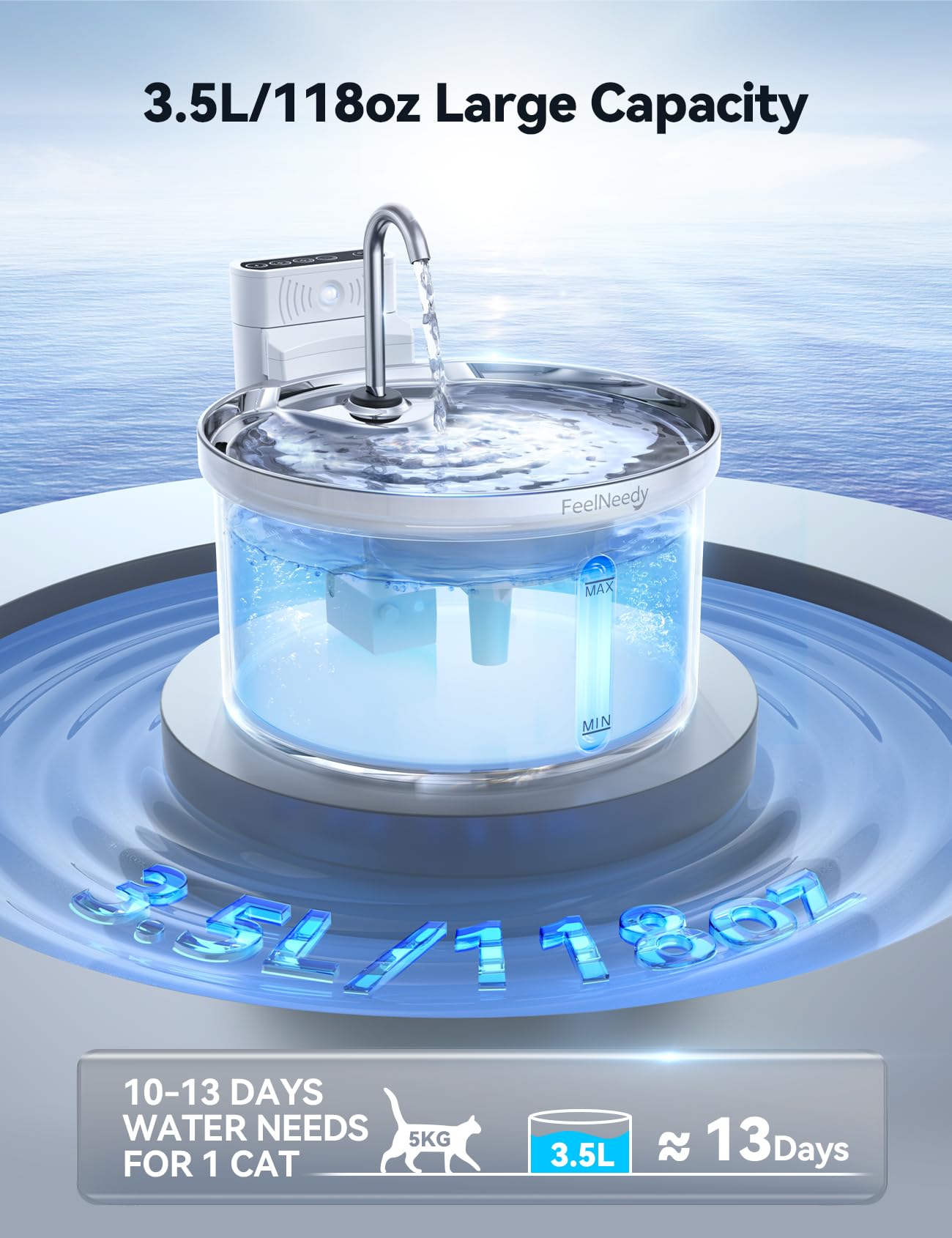 FEELNEEDY sensor mode activation shows energy-saving pet-triggered water flow