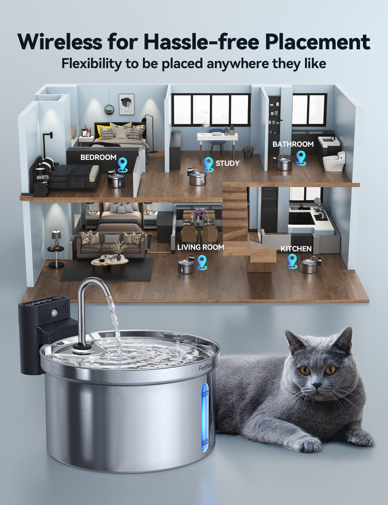 FEELNEEDY stainless steel water tank ready for daily use with easy dishwasher cleanup.