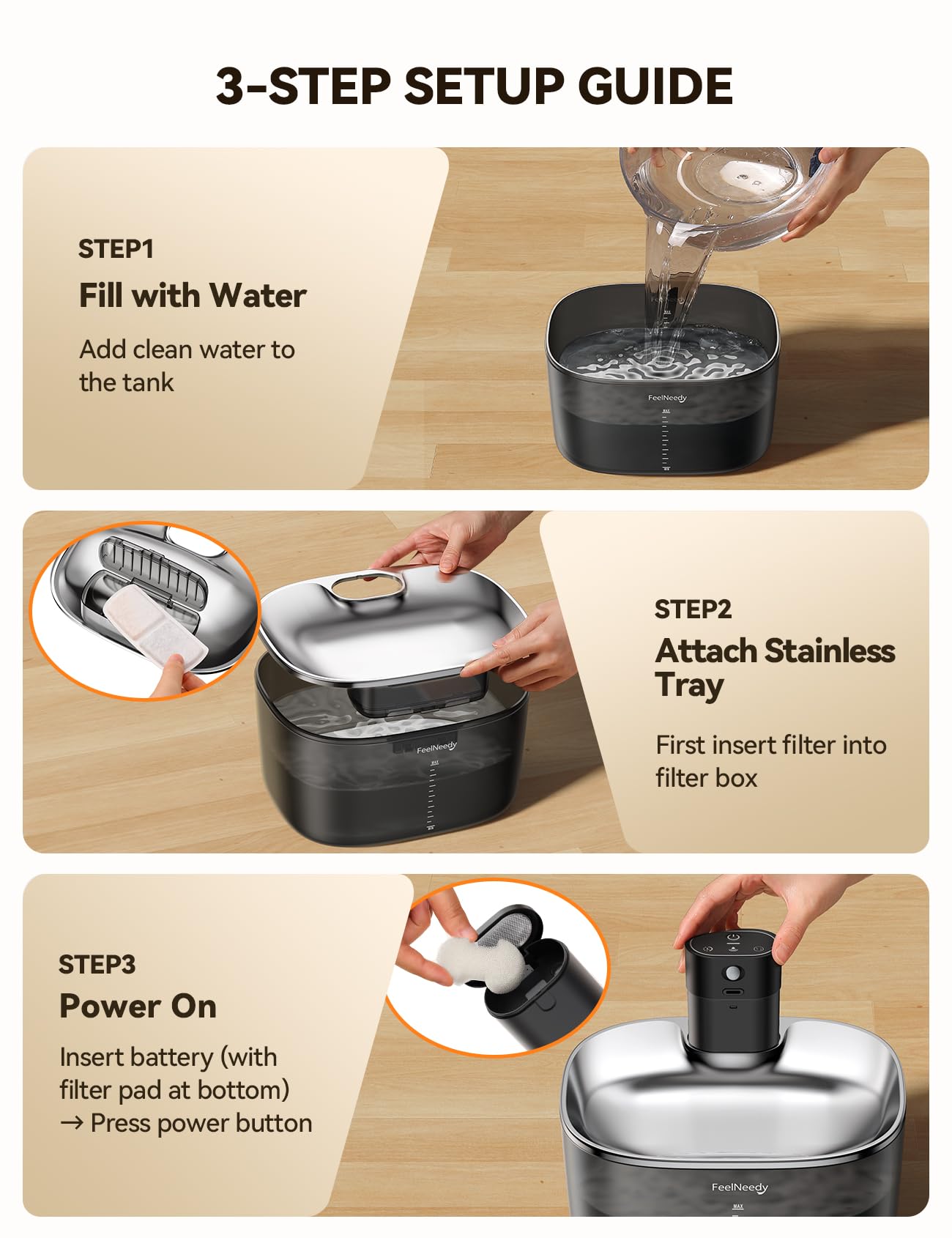 FEELNEEDY 260ml tray keeps water accessible during power-off.