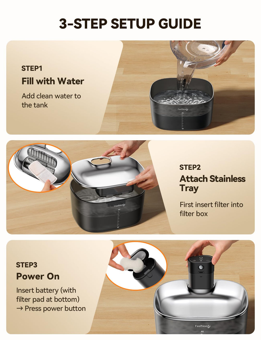 FEELNEEDY 260ml tray keeps water accessible during power-off.