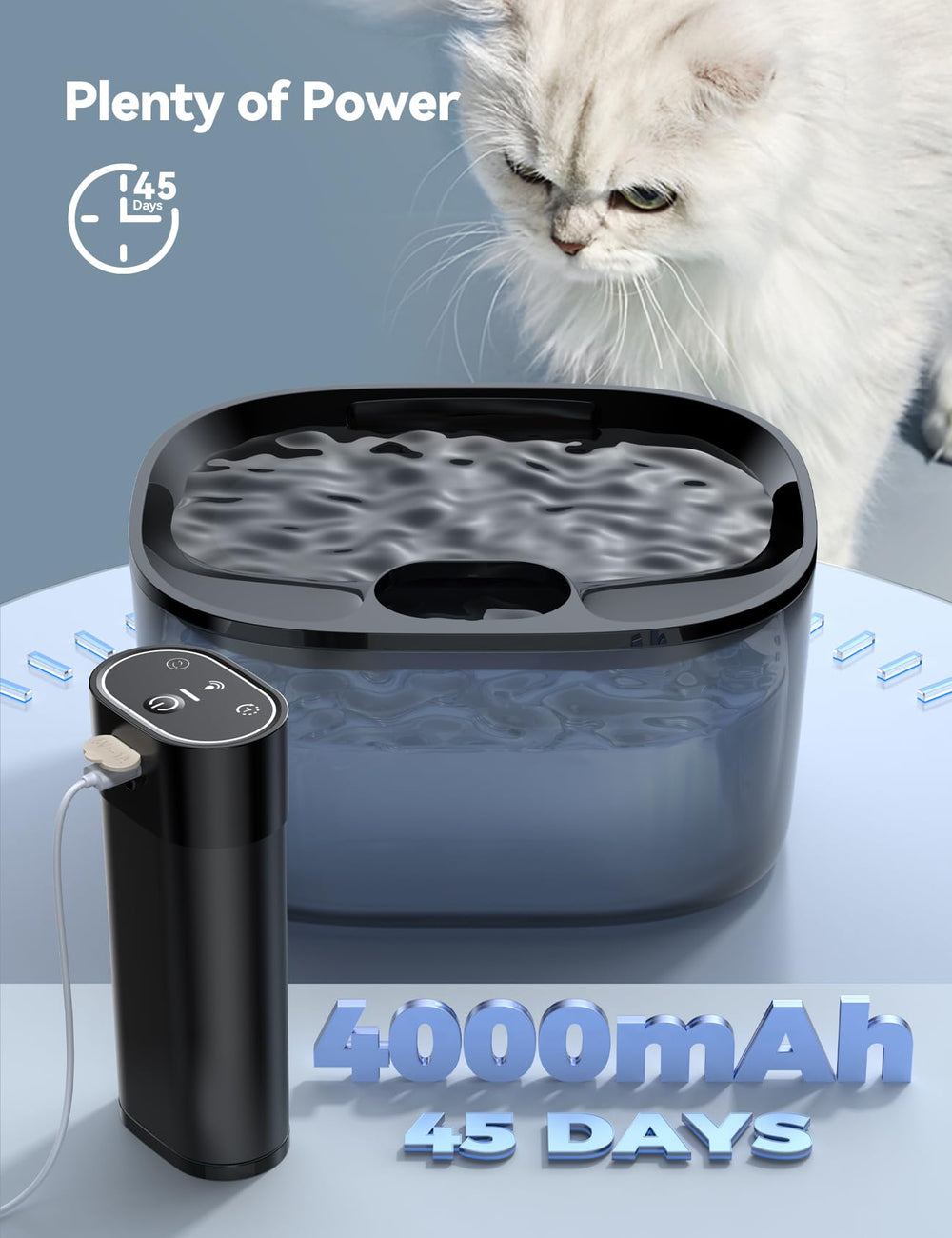 FeelNeedy wireless water fountain placed anywhere to avoid cord chews.