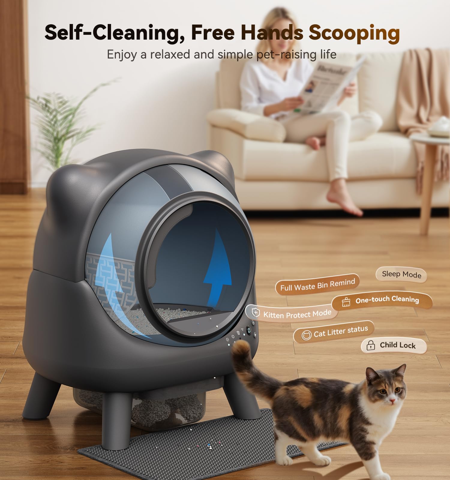 FEELNEEDY automatic litter box front view highlighting effortless cleanup and contemporary style.