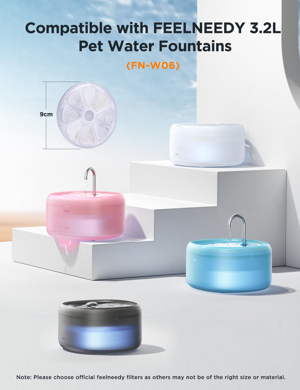 FEELNEEDY cat fountain packaging shows complete replacement kit for ongoing hydration maintenance