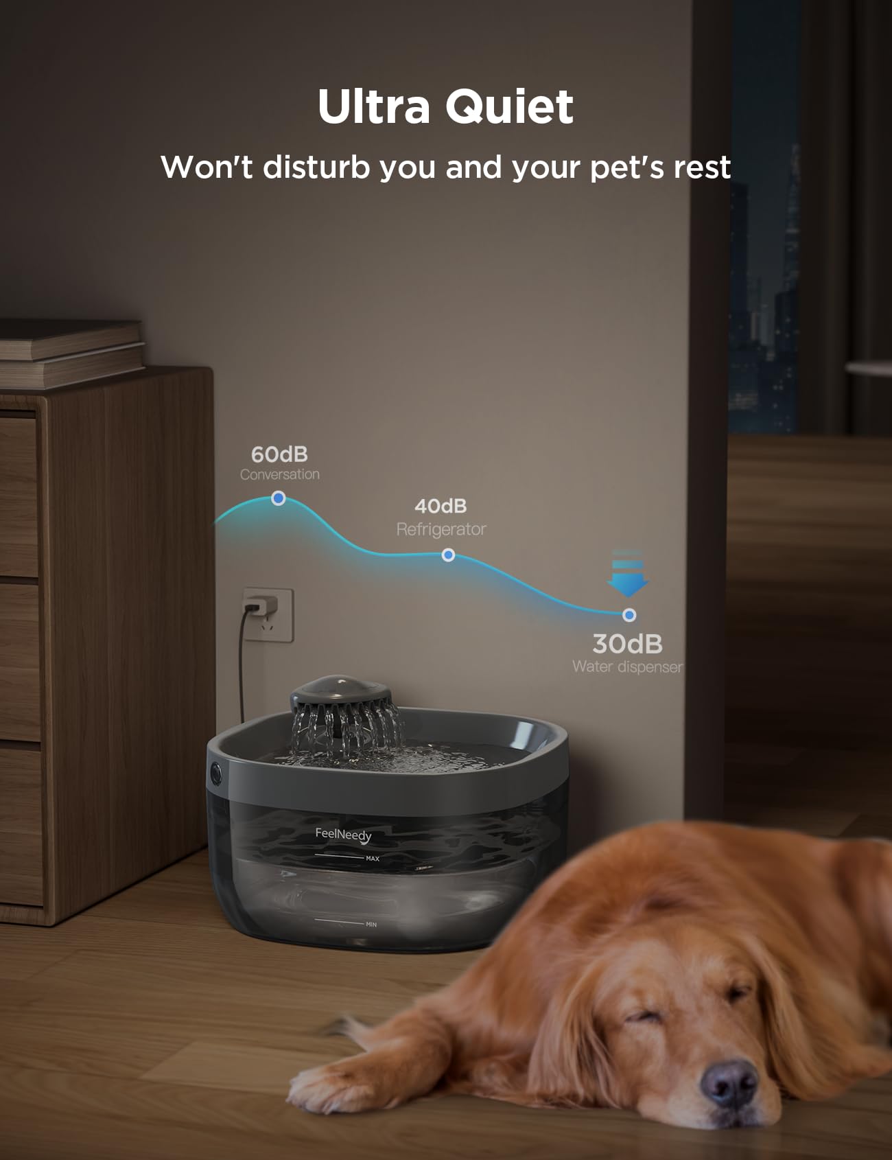 FEELNEEDY lock-up buttons prevent tipping and anti-slip feet stabilize the fountain