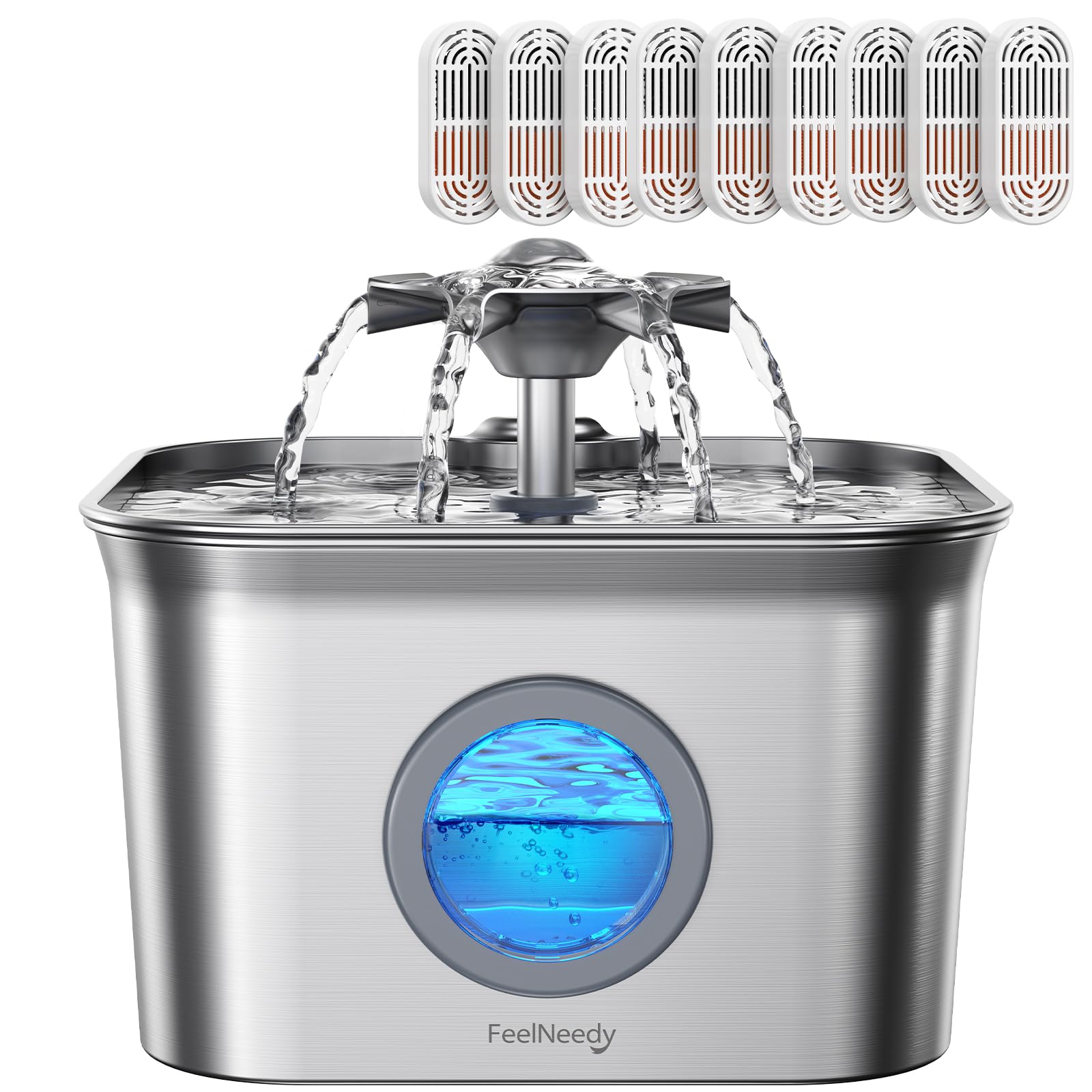 FEELNEEDY stainless-steel cat fountain top view shows sleek design promoting hydration for busy households.