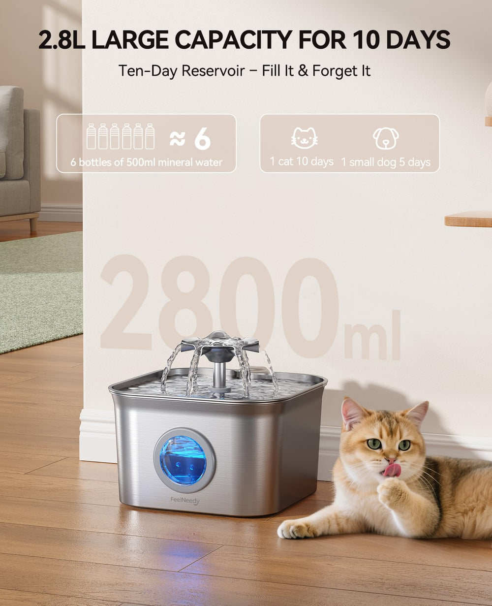 FEELNEEDY stainless steel cat water fountain 2.8L capacity reduces refills.