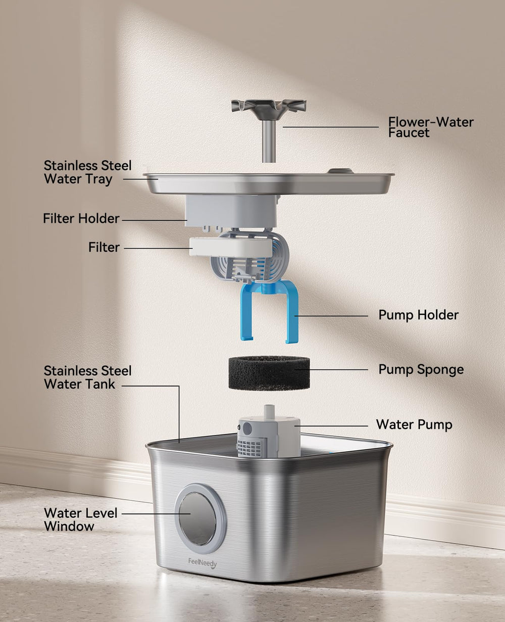 FEELNEEDY stainless steel cat water fountain 24/7 circulation for fresh hydration.