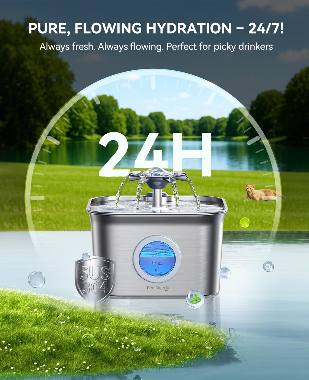 FEELNEEDY stainless steel cat water fountain dishwasher-safe body for easy cleaning.