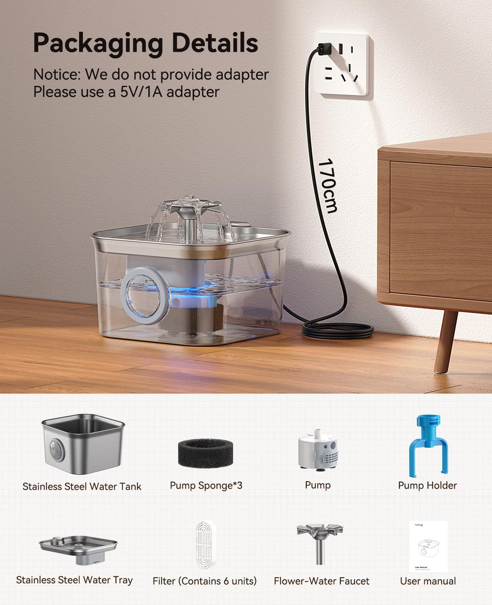FEELNEEDY stainless steel cat water fountain dishwasher-safe design simplifies cleanup.