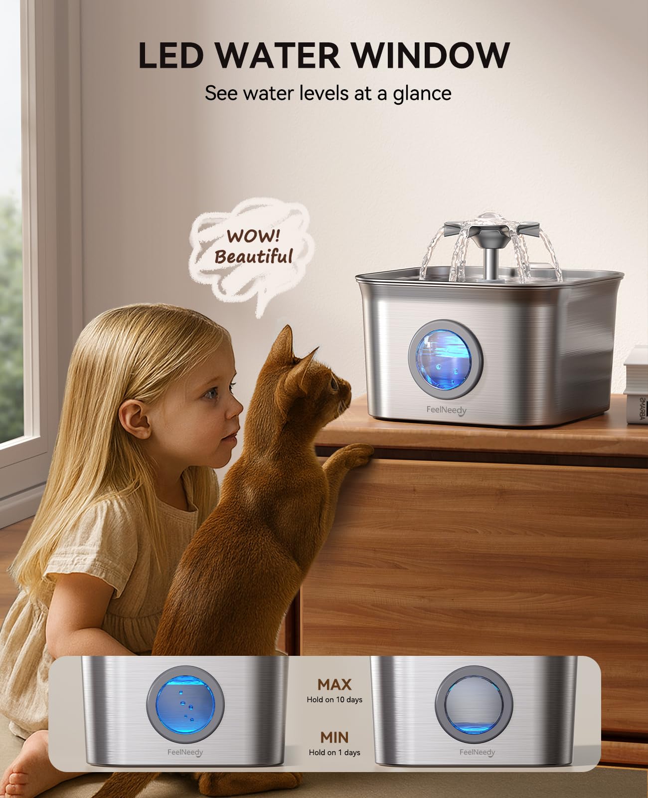 FEELNEEDY stainless steel cat water fountain features flower water stream to attract drinking.