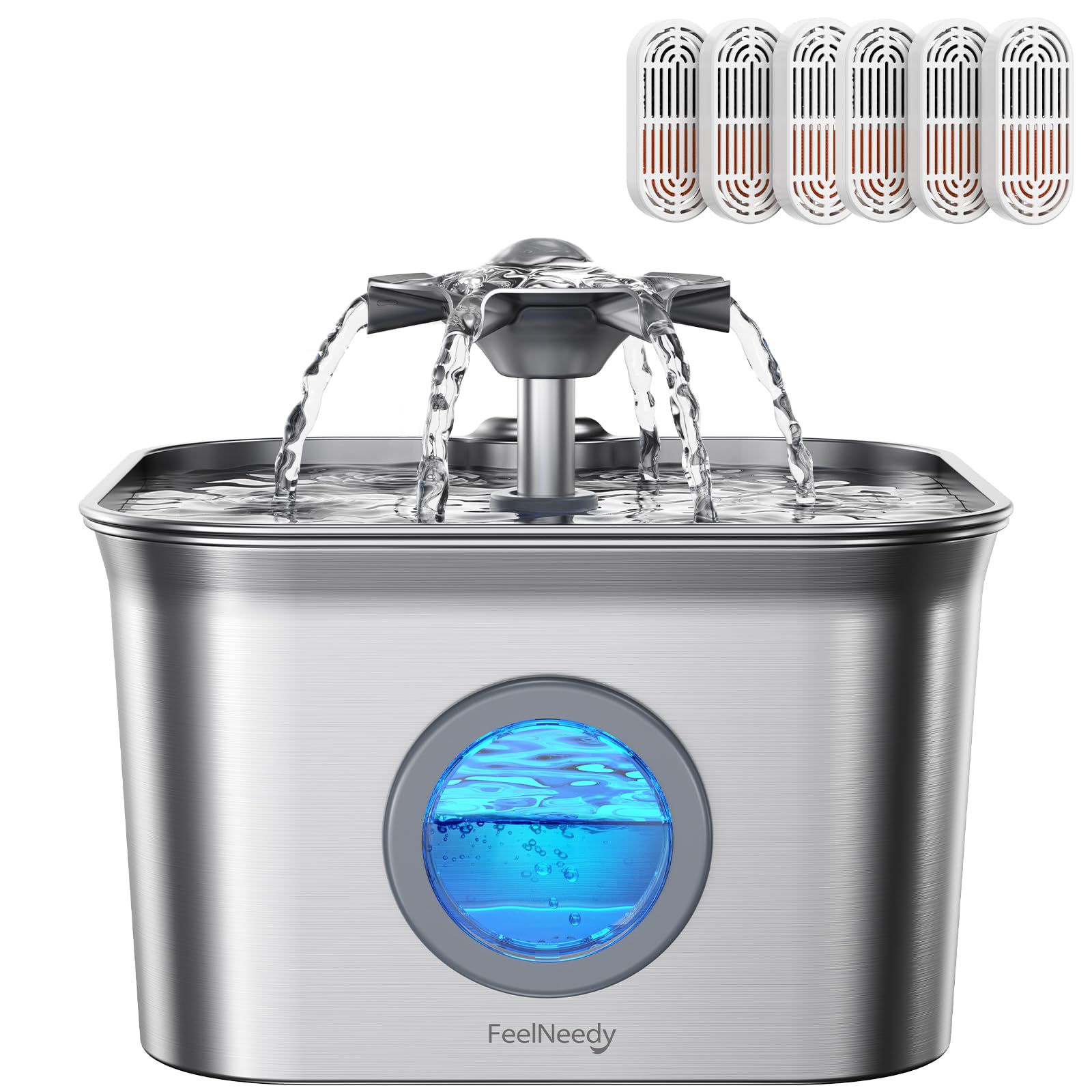 FEELNEEDY stainless steel cat water fountain front view, for 24/7 hydration.